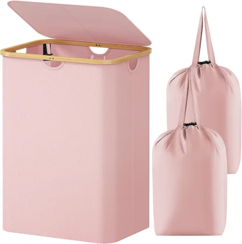 Vista 10 de Lifewit Cesta de lavandería de 80 litros con tapa, cestas de ropa para lavandería con asas de bambú y una bolsa de lavandería extraíble, cesta
