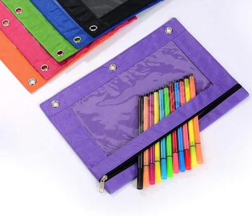 Vista 6 de Estuche para lápices con 3 anillas, con cremallera, estuche para cosméticos, color negro, paquete de 2