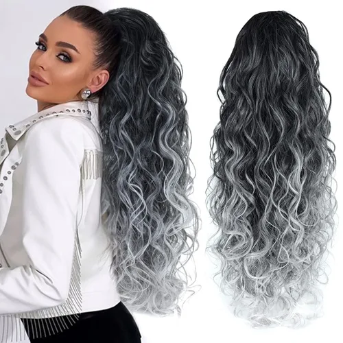 Vista 13 de Extensiones de cabello ombré 1B/27, cola de caballo para mujeres negras, extensiones de cola de caballo largas onduladas con cordón, extensiones