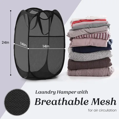 Vista 5 de TECHMILLY Cesta plegable de malla para la ropa sucia con asas resistentes y bolsillo lateral, cestas plegables portátiles para ropa para dormitorio
