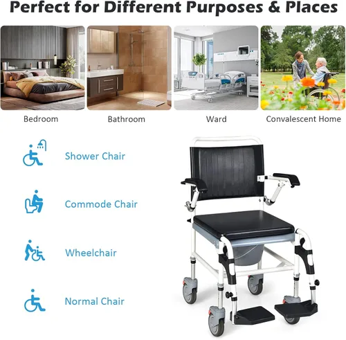 Vista 6 de Giantex Silla de ruedas 4 en 1 para inodoro con brazos, 4 ruedas bloqueables, cubo desmontable, altura ajustable y reposapiés abatible, silla