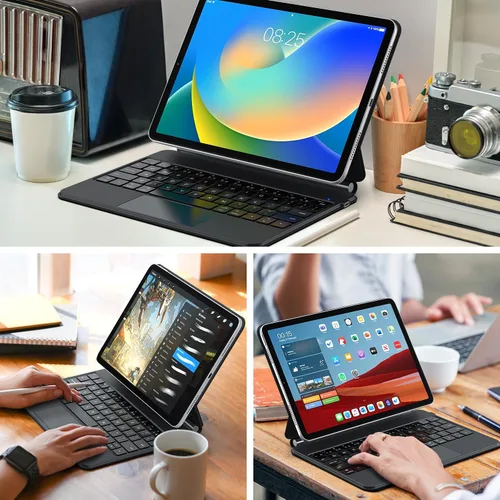 Vista 9 de runelk Funda con teclado para iPad de 10ª generación 2022 y 11ª (A16, 2025) – Teclado estilo mágico con panel multitáctil – Soporte de voladizo