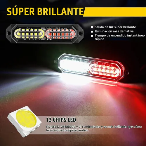 Vista 5 de Luces estroboscópicas LED para camiones, color blanco y rojo, 23 modos intermitentes, 12 LED, luz de parrilla de montaje en superficie de emergencia