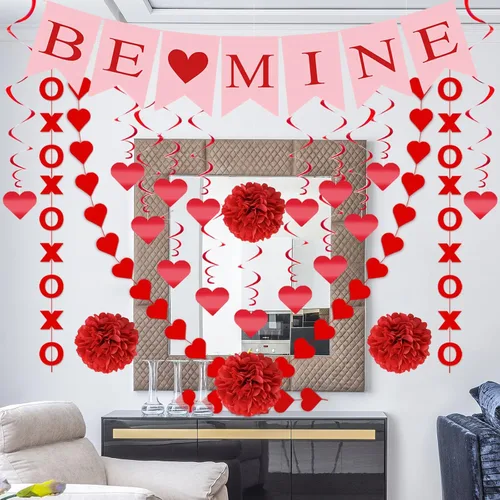 Vista 4 de Juego de 21 decoraciones para el día de San Valentín premontadas con forma de corazón colgante con forma de remolinos BE Mine Love Heart XO