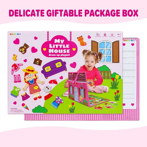 Vista 7 de OKOOKO Tablero de fieltro de casa para disfrazar 35 piezas de doble cara plegable Kit de juego de enseñanza para disfrazarse de niñas, manualidades