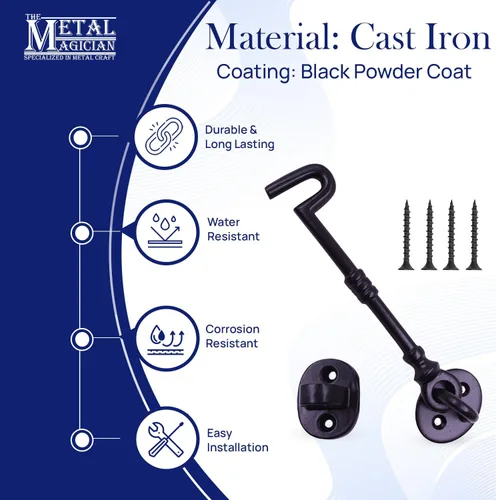 Vista 3 de The Metal Magician Pestillo de gancho de ojo de cabina de hierro fundido para puertas y puertas de 7 pulgadas