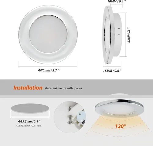 Vista 5 de Dream Lighting - Lámparas LED empotradas para techo de RV 12V - Iluminación interior para remolque, bote, luz cenital de color blanco cálido, 3W