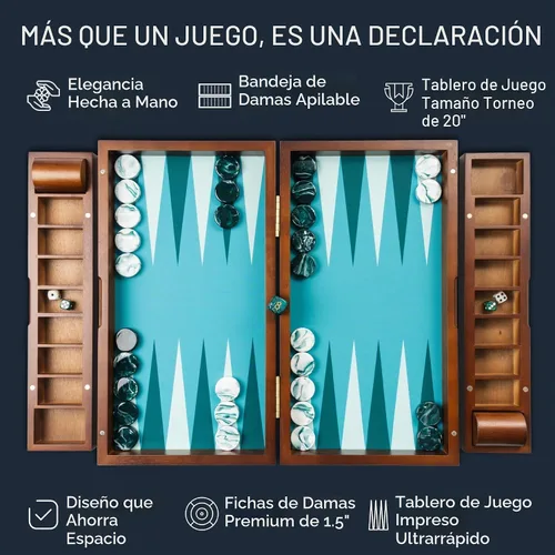 Vista 2 de Pointworks Juego de Backgammon de 20 Pulgadas Grande para Adultos, Tablero de Backgammon Verde, Madera Sólida. Bandeja de Accesorios Desmontable