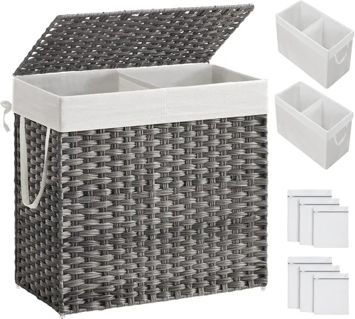 Vista 12 de SONGMICS Cesta de ropa sucia con tapa, cesta de ropa de 110L con 2 bolsas de forro extraíbles, 6 bolsas de malla, canasta de mimbre para ropa sucia