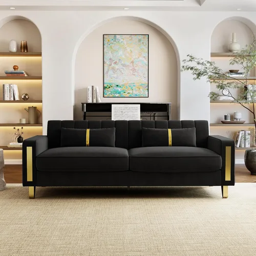Vista 7 de Juego de 2 sofás para sala de estar, sofá de 2 plazas de 86" de terciopelo beige con 4 almohadas y patas de metal dorado, sofá tapizado moderno