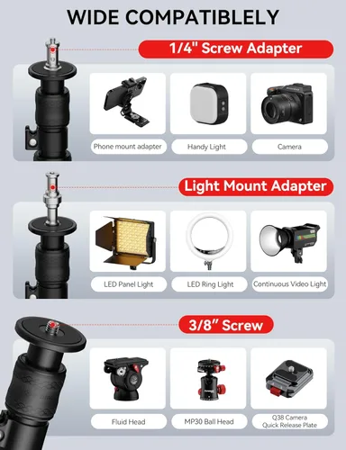 Vista 5 de IFOOTAGE Monopod de base redonda A400, soporte de luz de fotografía de 79 pulgadas con base plana, trípode de estudio de aluminio para grabación