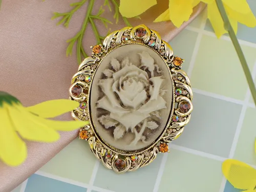 Vista 2 de Alilang Broche de pasador de camafeo con flores de cristal rosa antiguo inspirado en la vendimia