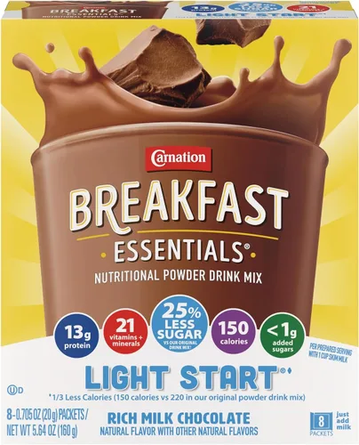 Carnation Breakfast Essentials Polvo de bebida nutricional Light Start Sabor rico chocolate con leche, caja de 8 paquetes de 20 g (0,705 oz)