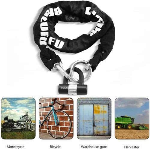 Vista 8 de BIGLUFU Candados de cadena de bloqueo de motocicleta con 4 teclas de bloqueo en U de 0.630 in, cadena larga resistente de 5 pies, cadenas a prueba