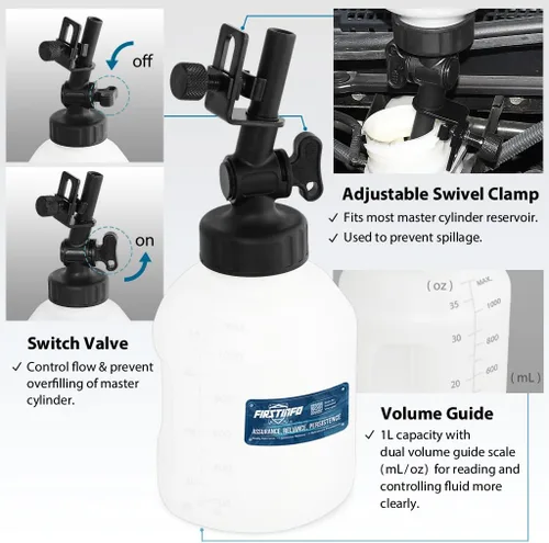 Vista 3 de FIRSTINFO A11542-1 Litro Servicio de frenos/Botella de purga de llenado de líquido de frenos automático universal económico
