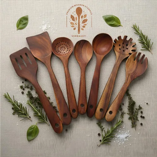 Vista 4 de Juego de utensilios de madera de 9 piezas, hechos a mano, resistentes al calor, antiarañazos y fáciles de limpiar, herramientas de cocina de madera