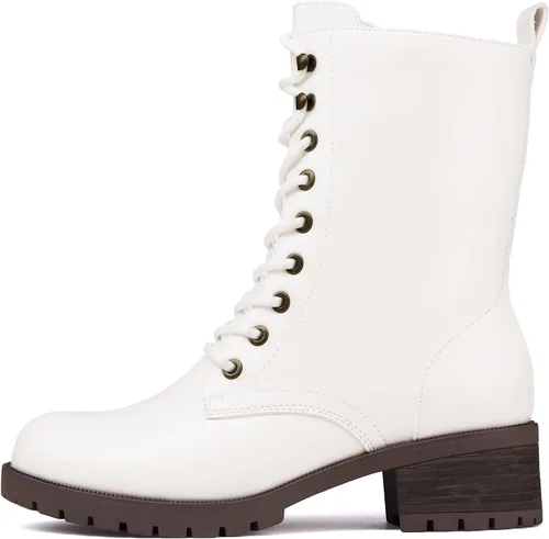 Vista 4 de DREAM PAIRS Botas de combate negras con cordones, botas militares de invierno para mujer