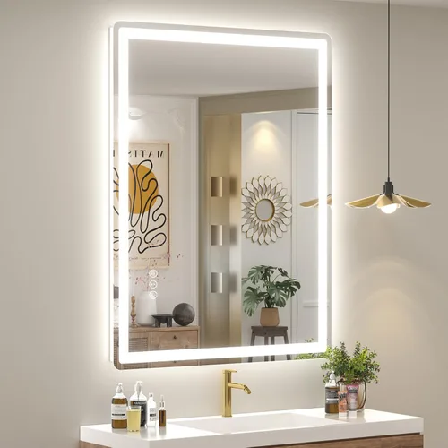 Vista 14 de SMIROR Espejo de baño LED con luces de 22" x 30", espejo de tocador rectangular redondeado iluminado para pared, iluminado frontal y retroiluminado