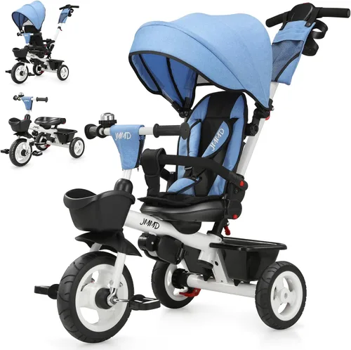 JMMD Cochecito de triciclo 7 en 1 con asa de empuje, triciclo de bebé con asiento giratorio de 360°, respaldo reclinable, ruedas todo terreno,
