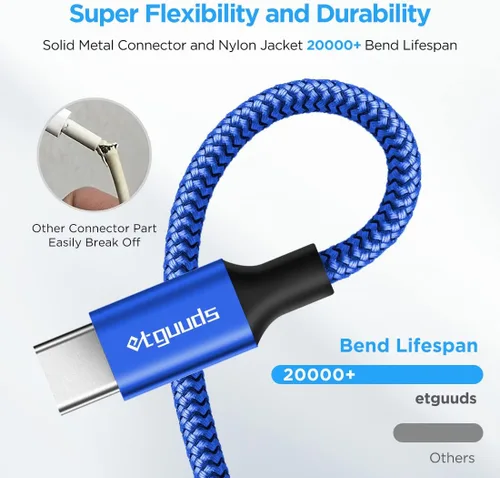 Vista 5 de etguuds Cable trenzado de carga rápida, de 3 A, de USB-A a USB-C, de 6 pies, 2 unidades, para Samsung Galaxy A10e, A20, A20E, A20S, A51, S20, S10