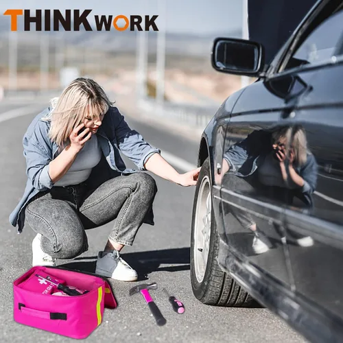Vista 9 de THINKWORK - Kit de emergencia de coche para regalos de adolescentes y damas, kit de asistencia en carretera rosa con juego de herramientas
