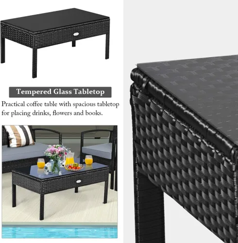 Vista 8 de COSTWAY Juego de 4 muebles de ratán para patio, juego de conversación de mimbre al aire libre con mesa de café de vidrio templado, cojines