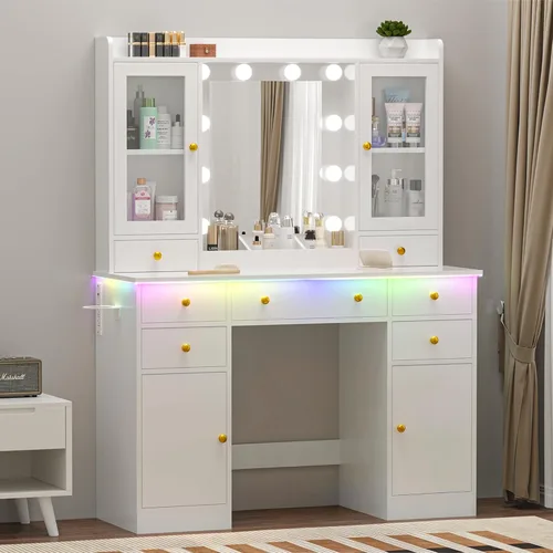 Vista 18 de Escritorio de maquillaje con espejo y luces, tocador negro de 43 pulgadas con parte superior de cristal, almacenamiento de joyas, 3 cajones