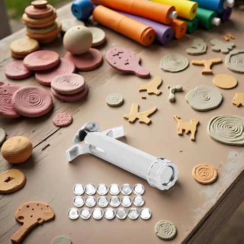 Vista 6 de 1 juego de extrusora de arcilla plateada, extrusora de lodo multifunción herramienta de escultura de modelado con 19 moldes de punta