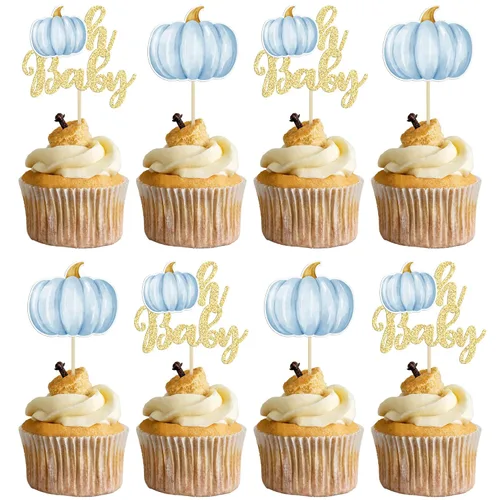 Gyufise 24 piezas de calabaza Oh Baby Cupcake Toppers Blue Fall Pumpkin Cupcake Picks Baby Shower decoración de pastel de calabaza temática de Azul 3