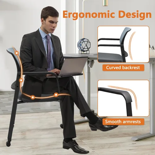 Vista 5 de CLATINA Silla gris para sala de espera con ruedas, respaldo de malla, sillones apilables con asiento de tela tapizado y soporte lumbar ergonómico