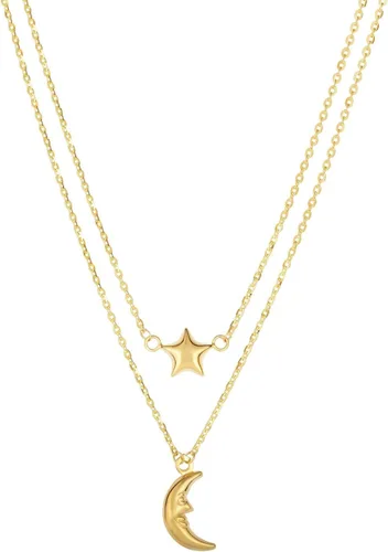 Jewelry Affairs Collar con colgante en capas de luna y estrella de oro amarillo de 10 quilates, 17 pulgadas, Oro, No es una piedra preciosa