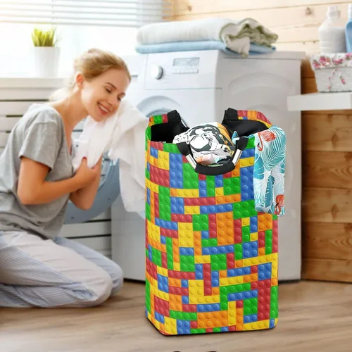 Vista 6 de Cesta de lavandería con bloques de construcción, plegable, para guardería, impermeable, para el hogar, dormitorio, baño, cuarto de baño
