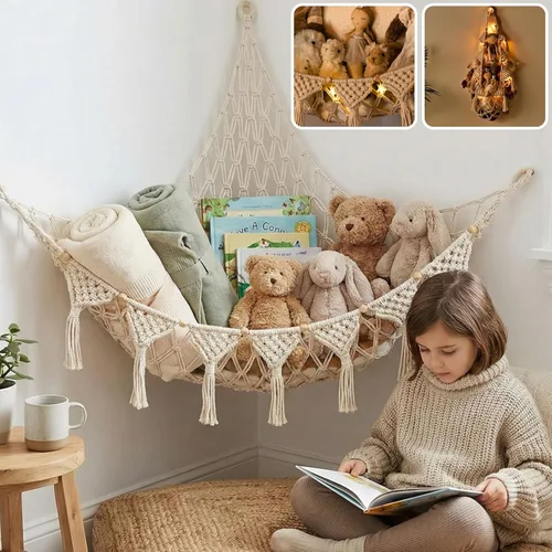 Vista 9 de TIDYTEDS Macramé DreamLights Hamaca de Red de Almacenamiento de Animales de Peluche Boho Extra Grande Soporte de Almacenamiento de Juguetes de Azul