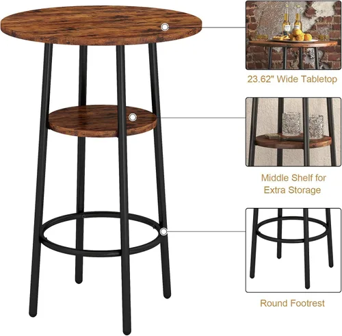 Vista 3 de Juego de mesa de comedor de 3 piezas para 2, pequeña mesa de cocina redonda con 2 sillas, mesa de bar de altura de mostrador con almacenamiento