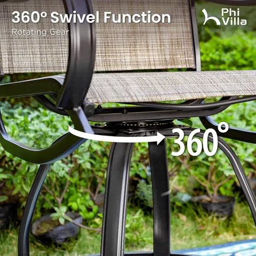 Vista 3 de PHI Villa Juego de 2 taburetes de bar giratorios para exteriores, sillas de patio de altura de mostrador con tela textil impermeable, marrón, marco