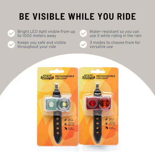 Vista 3 de State Bicycle Co. Luz de bicicleta. Luces LED. Luces de bicicletas para montar de noche, ciclismo. Recargable por USB, juego de luces delanteras