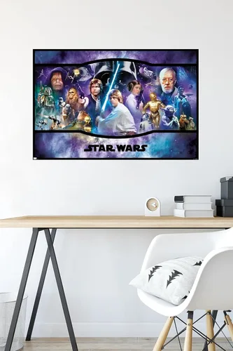 Vista 5 de Star Wars: Original Trilogy - Póster de pared con bandera, 22.4 pulgadas de largo x 14.7 pulgadas de ancho, versión enmarcada de madera de granero