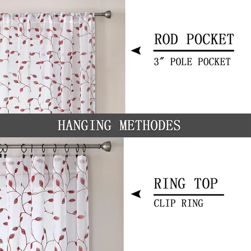 Vista 5 de Cortinas Tollpiz translúcidas, con diseño de hojas bordadas, para dormitorio, de lino sintético, para sala de estar, juego de 2 paneles