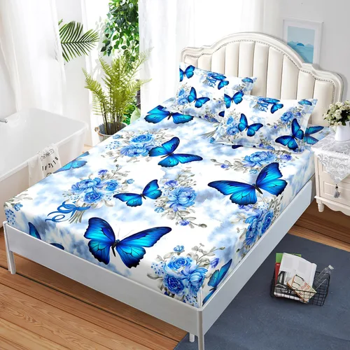Vista 2 de AILONEN Juego de sábanas ajustadas con mariposas azules para niñas, juego de sábanas de tamaño individual con estampado floral de tie-dye