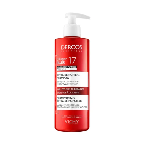 VICHY Dercos Collagen Peptide 17 Ultra-Repairing Shampoo, Anti Hair Fall & Bond Repair for Damaged Weak Hair, Strengthens, Reduces Breakage, Boosts