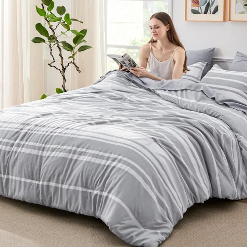 Vista 16 de Bedsure - Juego de edredón de 5 piezas, juego de ropa de cama a rayas gris para todas las estaciones, reversible, teñido catiónico, juego de cama