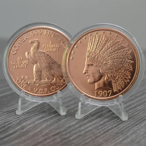 Vista 2 de Réplica de Águila de Oro India de 1907, $10, 1 onza de cobre puro .999, redonda, coleccionable, moneda de 39 mm en cápsula - COA de Heavenly Metals