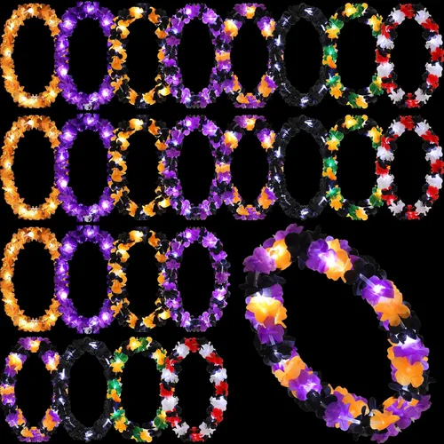 Sherr 24 piezas de collares de flores hawaianas con luces LED para boda, luces LED para luau, collares de flores hawaianas para playa, carnaval