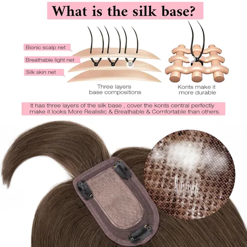 Vista 5 de SEGO Toppers de cabello humano 100% real, con flequillo de aire, base de seda 150% de densidad, topper con clip, 2.7 x 5.1 pulgadas, piezas