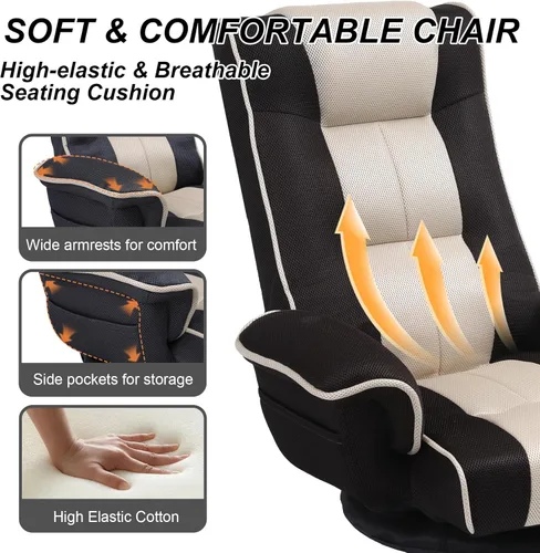 Vista 4 de Sillas giratorias de suelo para adultos, silla de juegos de suelo con brazos extra anchos, soporte de espalda de 14 ángulos, ajustable, cómodo, tela