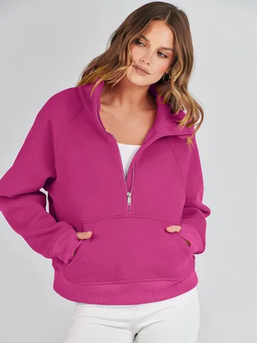 Vista 2 de ANRABESS Sudaderas recortadas para mujer, con media cremallera, forro polar, con cremallera de un cuarto, ropa de otoño 2023, suéter con agujero