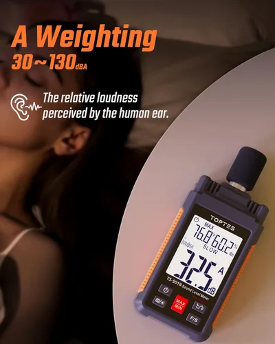 Vista 3 de TopTes TS-501B Medidor de nivel de sonido con pantalla LCD retroiluminada de 2.25 pulgadas, probador SPL portátil con A/C ponderado, rango de 30-130