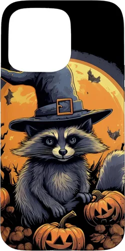 Vista 28 de iPhone 16 Raccoon Witch Hat Pumpkins Halloween Costume Case