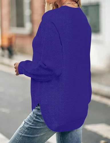 Vista 3 de MEROKEETY Suéter de manga larga de globo con cuello redondo para mujer, suéter de punto gofre, suéter suave para otoño 2023