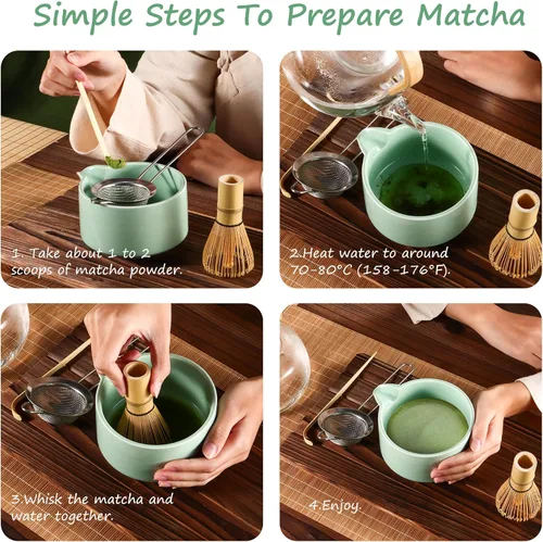 Vista 5 de Juego de batidor de matcha, batidor de matcha de bambú (Chasen), cuchara tradicional (chashaku), tamiz de acero inoxidable,Herramientas de té